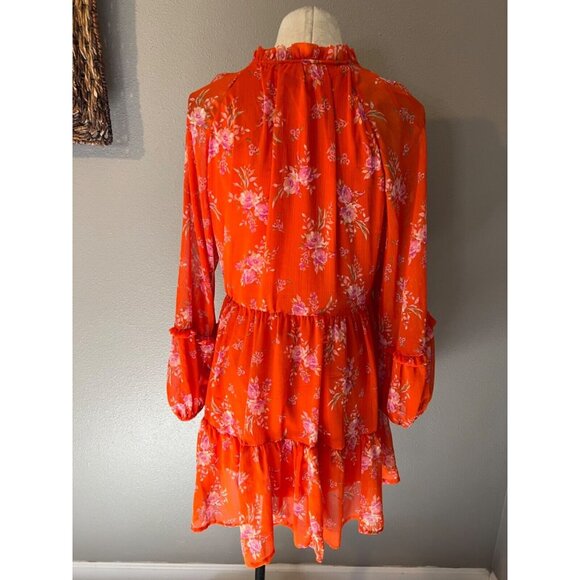 Vince Camuto Dress Orange Floral L Large Fluttery Floral Print Long Sleeve NEW - Picture 6 of 10